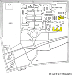 第五高等学校キャンパス図（明治39年当時）。工学部の建物を黄色でマーク。